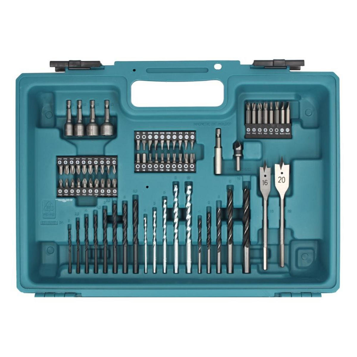 MAKITA HP 488 DAEX1 Akku Schlagbohrschrauber 18 V 42 Nm G-Serie + 2x Akku 2,0 Ah + Ladegerät + 74 tlg. Zubehörset + Koffer - Multicolor, Kunststoff (42/315/14cm) - Makita