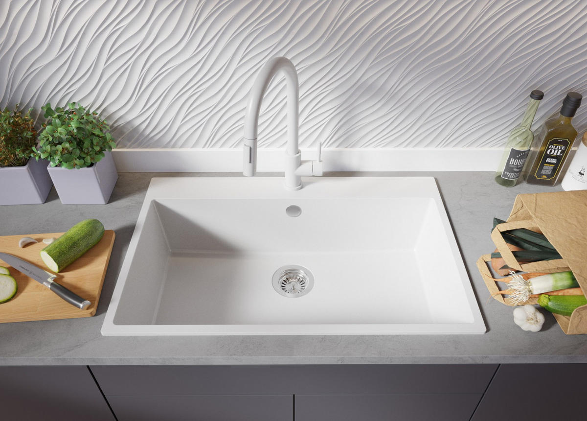 SPÜLBECKEN Riga, 2-er set Weiß 78/50 cm 1 Becken + Ablauf-Set ab 80er Unterschrank - Chromfarben/Weiß, Kunststoff (78/20/50cm) - Primagran