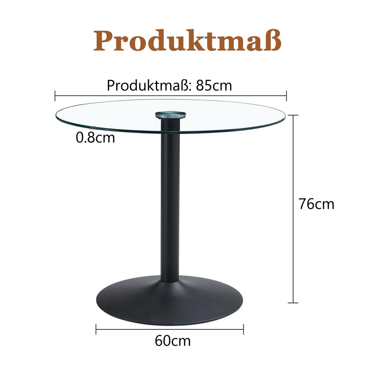 BISTROTISCH aus Glas und Metall 85x85x76 cm Transparent/Schwarz pflegeleicht mit stabilem Rundgestell - Schwarz, Holzwerkstoff (85/85/76cm) - Modfu