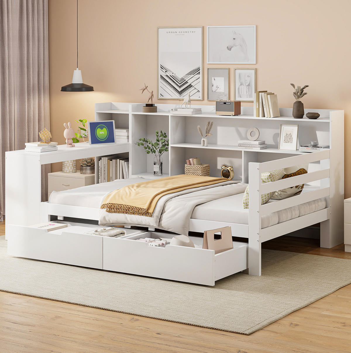 BETT aus Holz 90x200 cm Weiß mit Schreibtisch, Regalen, 2 Schubladen und Steckdose - Weiß, Holzwerkstoff (90/200cm) - Modfu