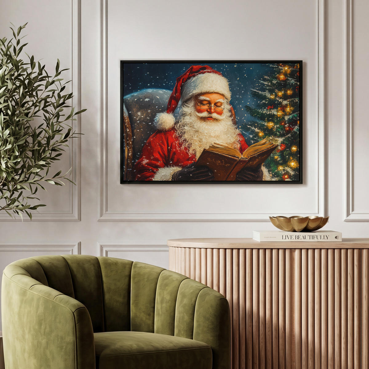 LEINWAND Bilder mit Rahmen - Weihnachtsmann - Weihnachten - Winter - Weihnachtsbaum - 60x40 - Bordeaux, Textil (60/40cm) - MuchoWow