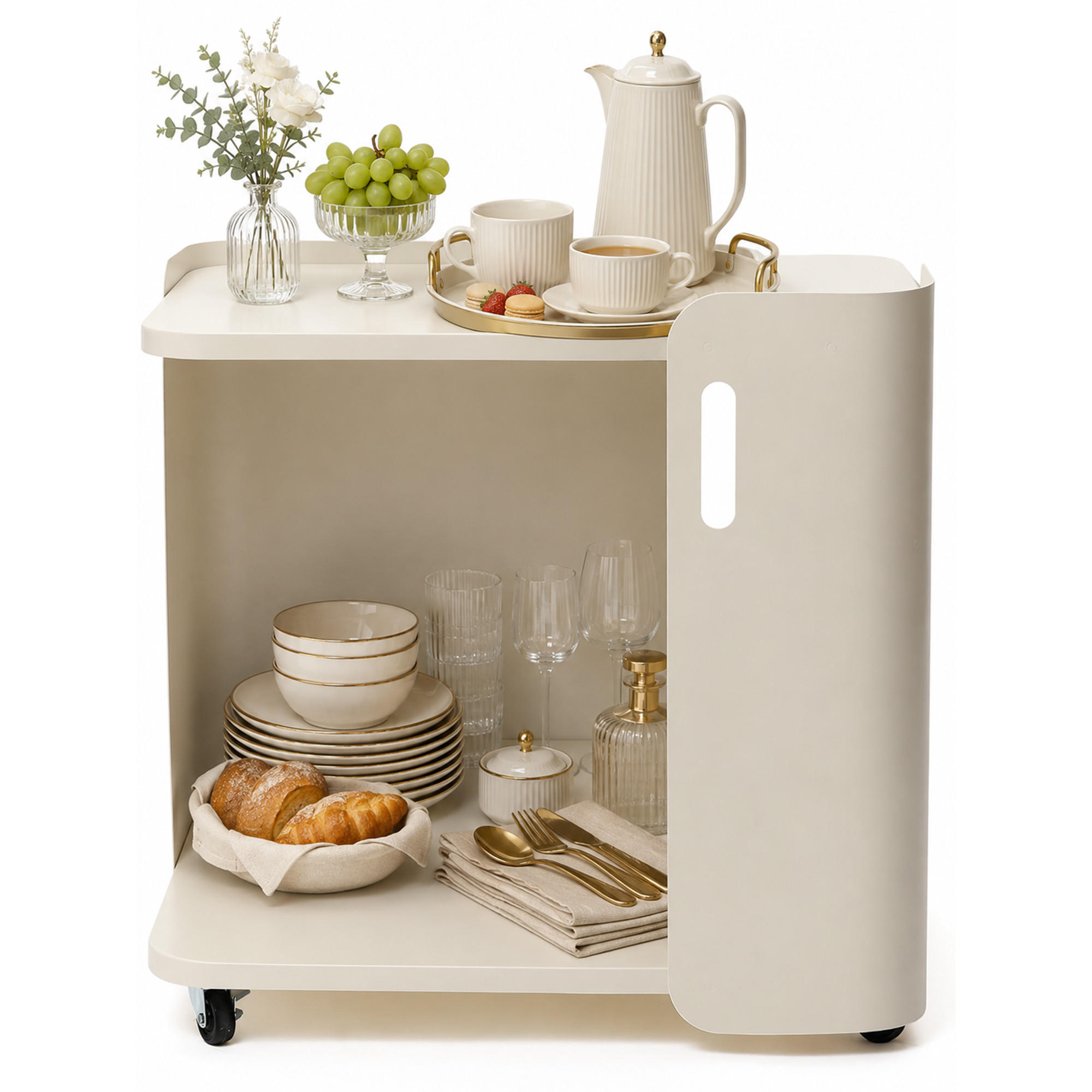 BEISTELLTISCH Metall mit Rollen | B60 x T40 x H60 cm - Beige, Metall (40/60/60cm) - Hometopia