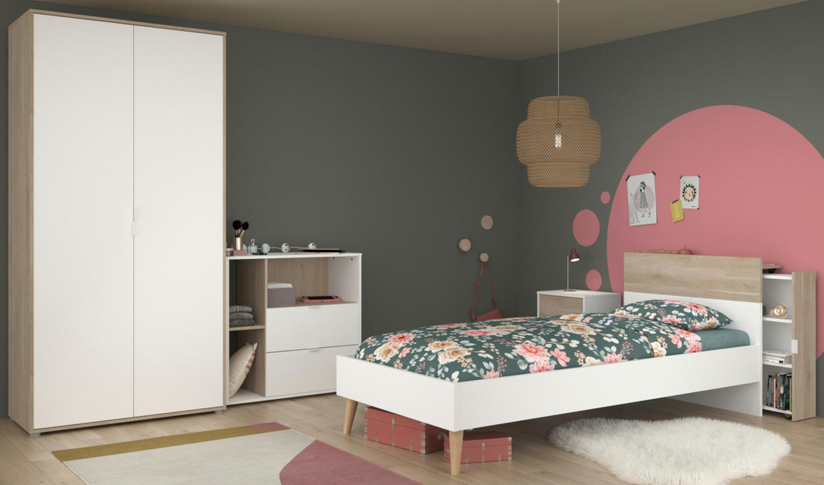 JUGENDZIMMER weiß, Eiche, Komplett-Set 5-teilig mit vielen Fächern - Eichefarben/Weiß, Holzwerkstoff (95/205/206cm) - Parisot Meuble