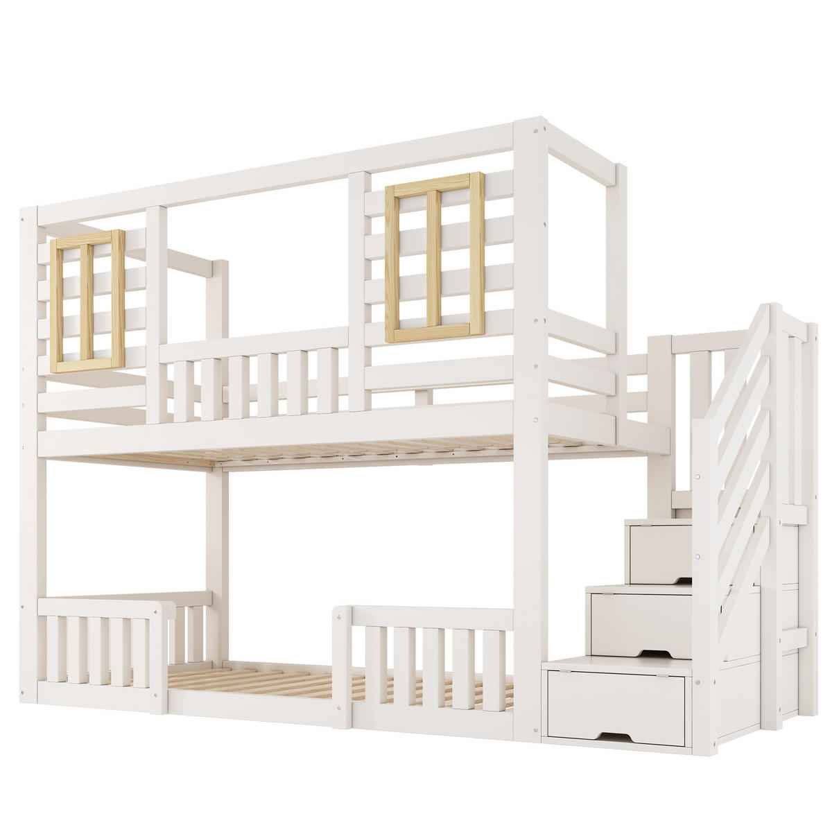 ETAGENBETT 90/200 cm mit Treppenschrank, 2 Liegeflächen und Lattenrost, Weiß - Weiß, Holzwerkstoff (90/200cm) - Redom