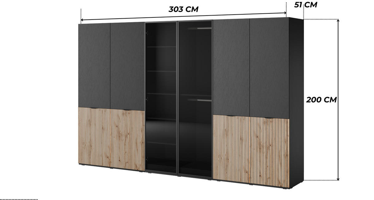 KLEIDERSCHRANK ZEN (Modular, Schwarz, Wotan Eiche & Getöntes Glas Antisol, 6-türig) - Eiche Wotan/Schwarz, Holz/Holzwerkstoff (303/200/51cm) - Ravio