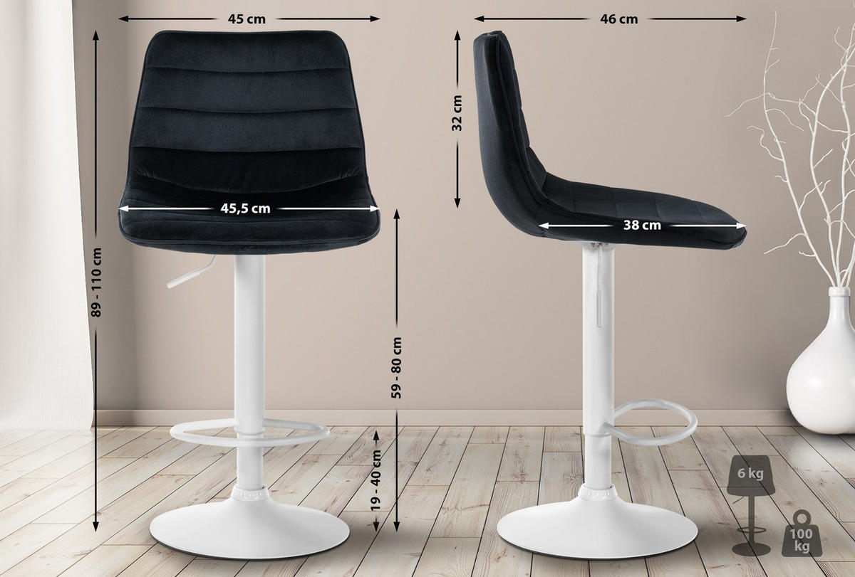 BARHOCKER Lexus Samt Weiß schwarz - Schwarz/Weiß, Textil/Metall (45/110/46cm) - TPFLiving