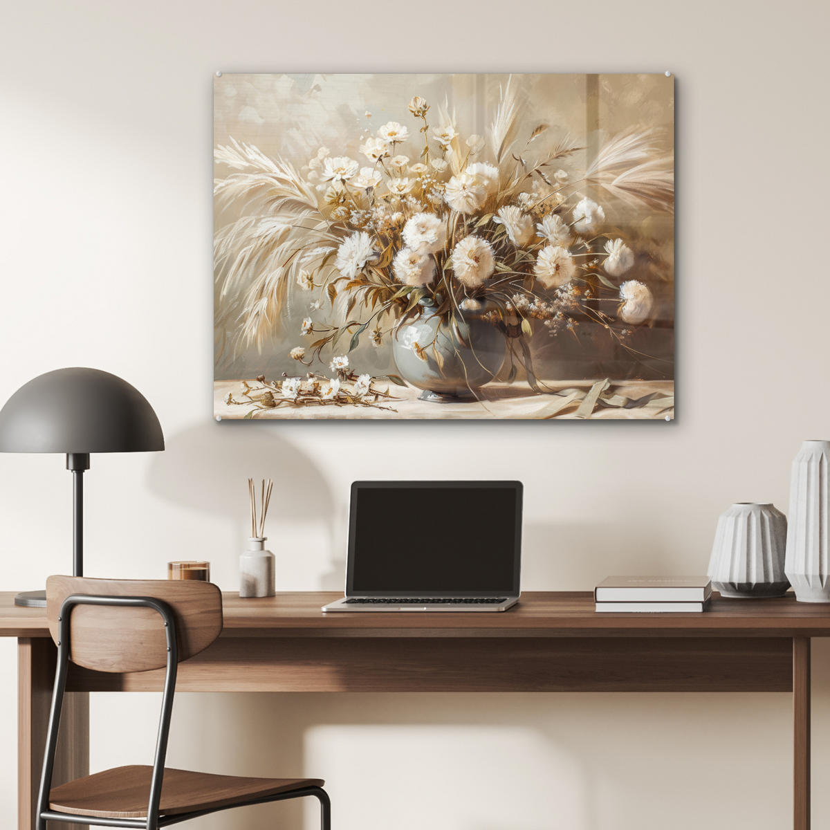 ACRYLGLASBILD Blumen - Vase - Stilleben - Beige 80x60 cm - Creme, Glas (80/60cm) - MuchoWow