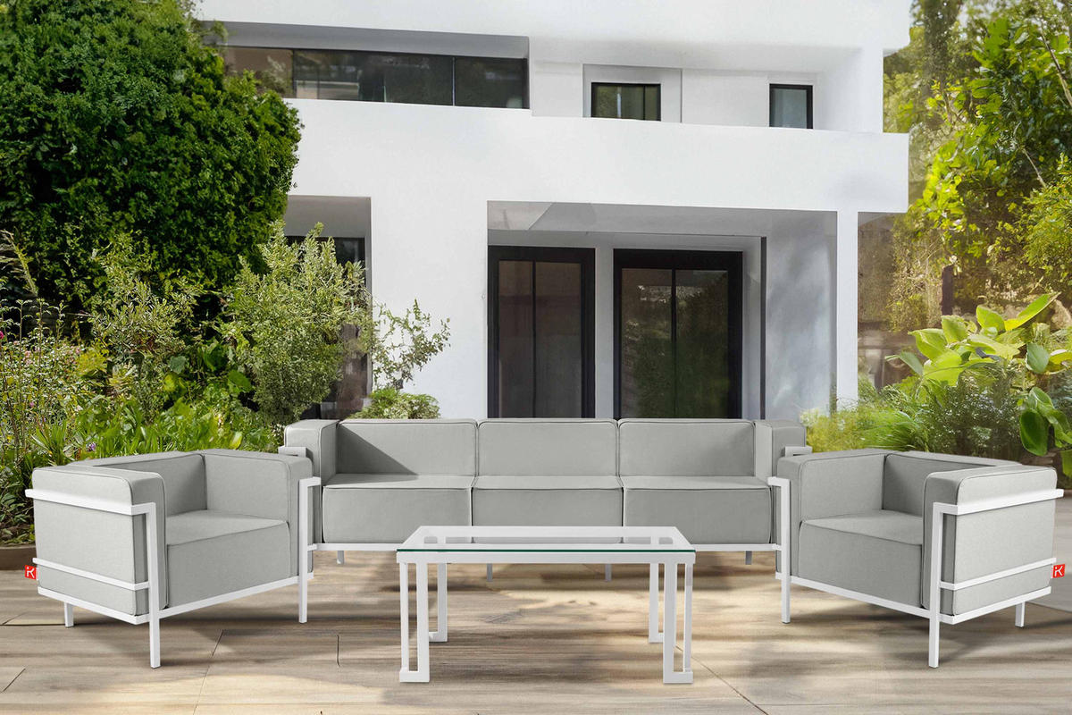 GARTENSOFA TRIGLO 3-Personen, Stahlrahmen, Modern, Weiß/Hellgrau - Hellgrau/Weiß, Textil/Metall (229/70/69cm) - KONSIMO®