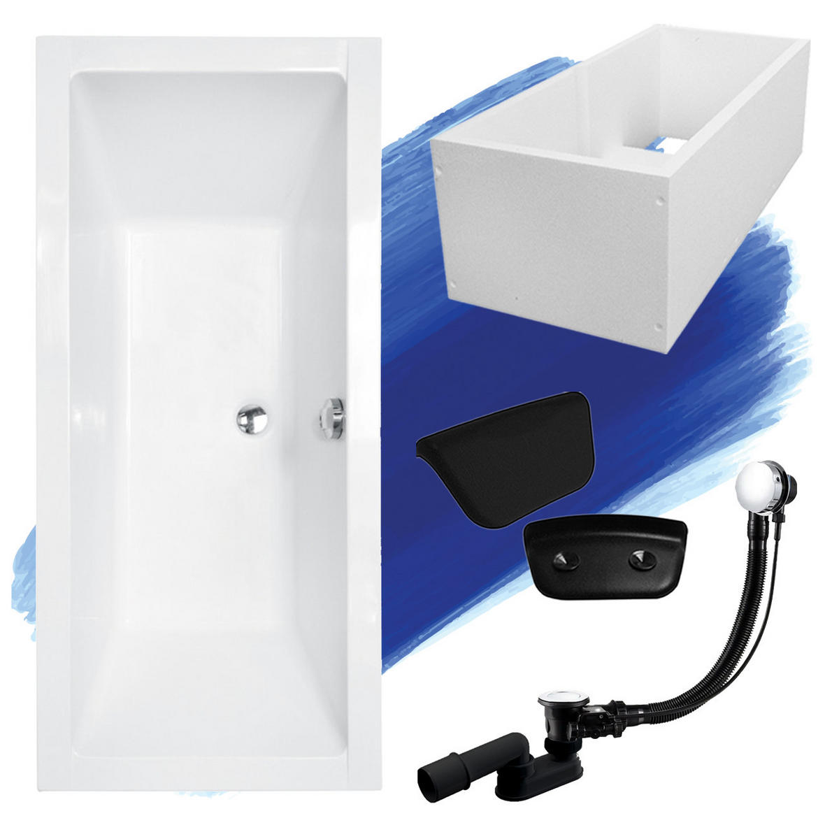 BADEWANNE Rechteck QUADRO 170/75 + Träger + Kopfstütze Ablauf Füße - Weiß, Kunststoff (75/55.5/170cm) - bad land