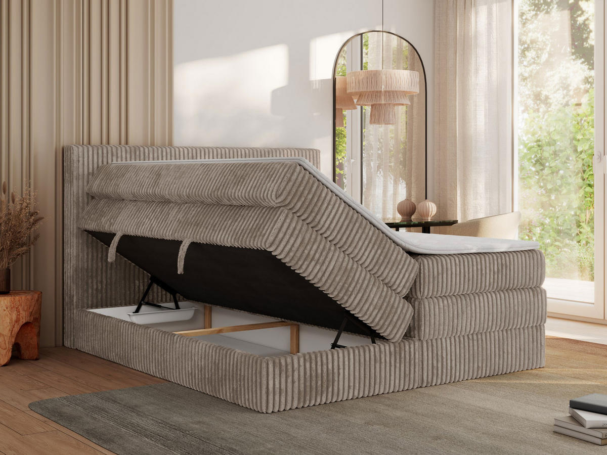 BOXSPRINGBETT TILIANO KING - 200/200 - Hellbraun Cord - H3 - Hellbraun, Holz/Textil (200/200cm) - MKS