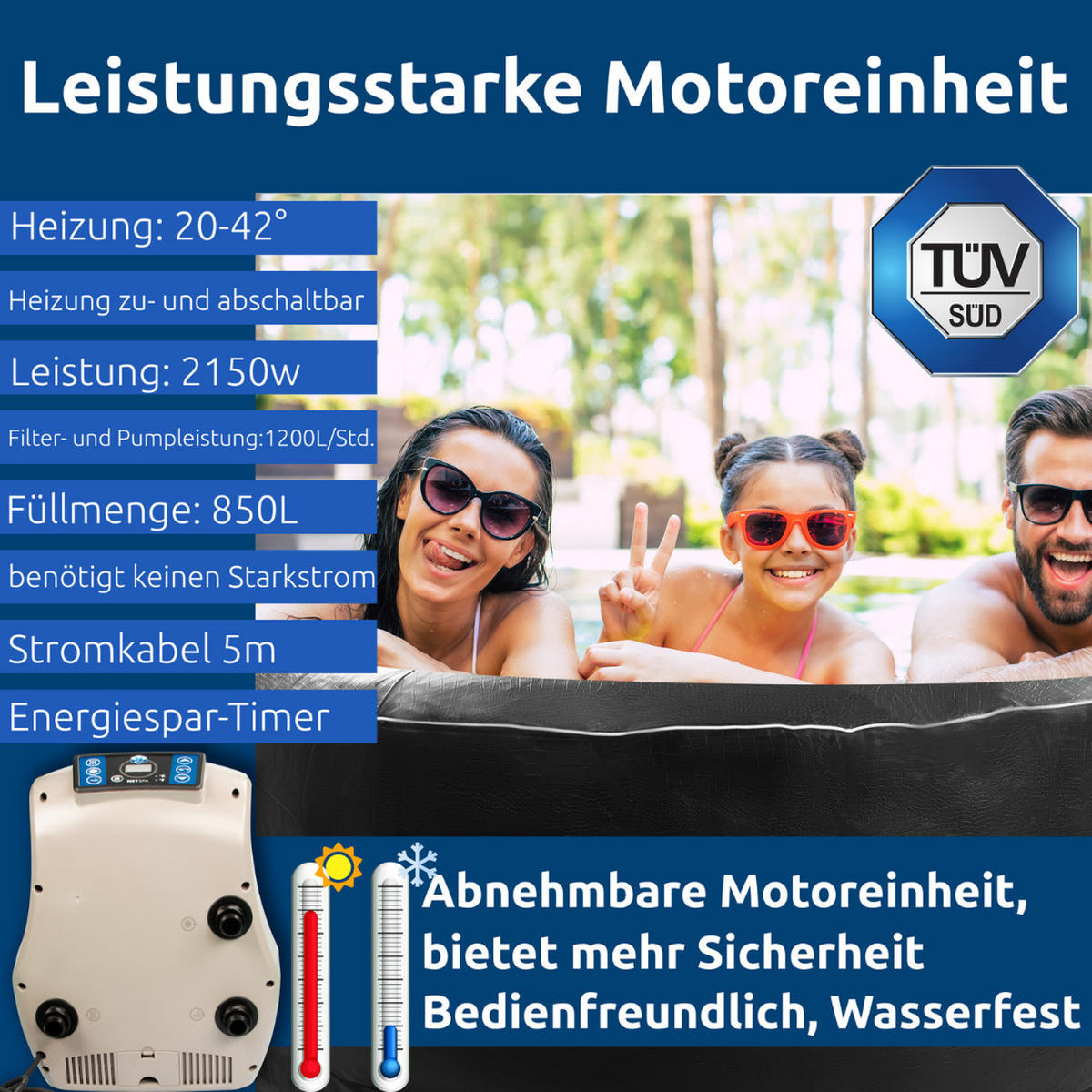 SPA WHIRLPOOL – Rund Ø 195 cm, Selbstaufblasend, Beheizt, Für 5 Personen, Outdoor & Indoor, Krokodil-Optik, Energiesparend, Wartungsfreundlich - Schwarz, Kunststoff (195/70/195cm) - Netspa