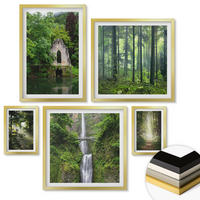 WANDBILDER 5er Set - 50x50 cm & 20x30 cm & 40x60 cm Goldrahmen - Grüne Wälder, Lichtstrahlen - Goldfarben, Kunststoff (40/60cm) - ArtPrintCave