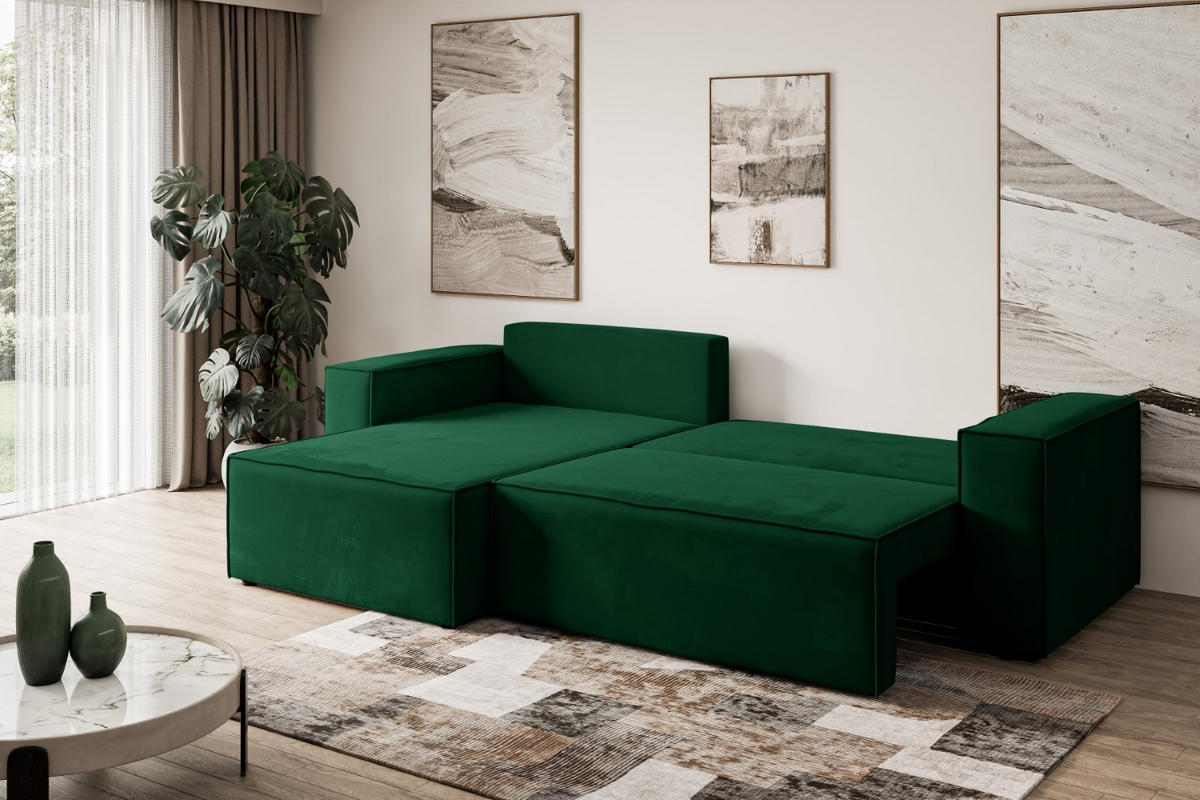 ECKSOFA mit Schlaffunktion und Bettkasten CELTIC-XL - 277x143x83 cm Grün Velours - Schwarz/Grün, Holzwerkstoff/Kunststoff (277/143cm) - ALTDECOR