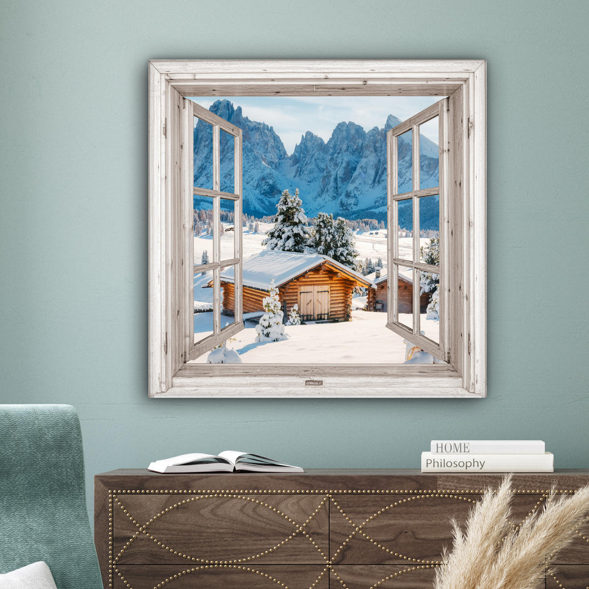 LEINWANDBILD Winterlandschaft - Hütte - Berge - Ausblicke - Aussicht - Natur Deko Groß 90x90 cm - Weiß Hochglanz, Textil (90/90cm) - MuchoWow