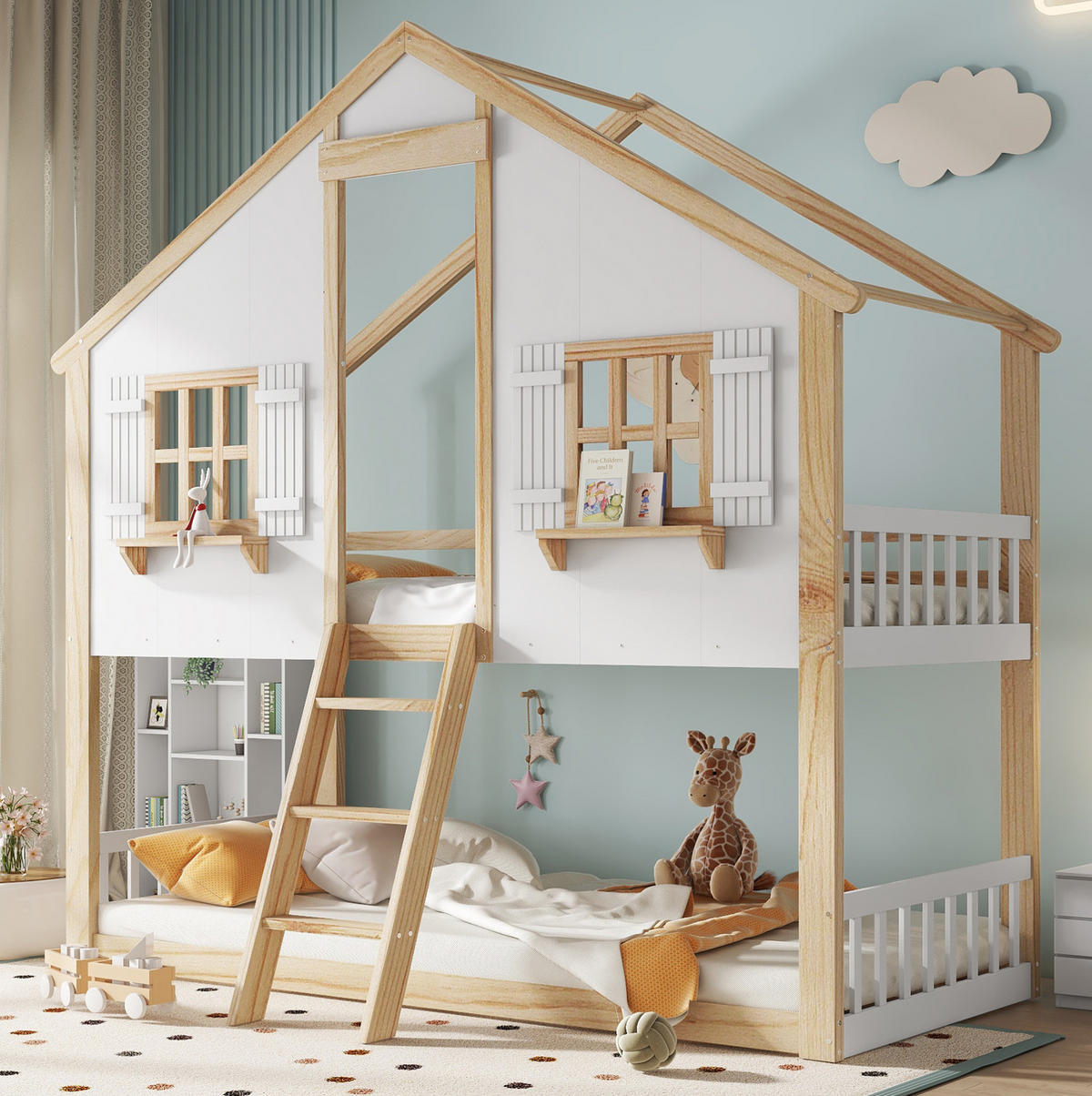 DOMČEKOVÁ posteľ, 90/200 cm masívne drevo + MDF biela/prírodná so strieškou a okienkami - biela, kompozitné drevo (90/200cm) - BEAOK
