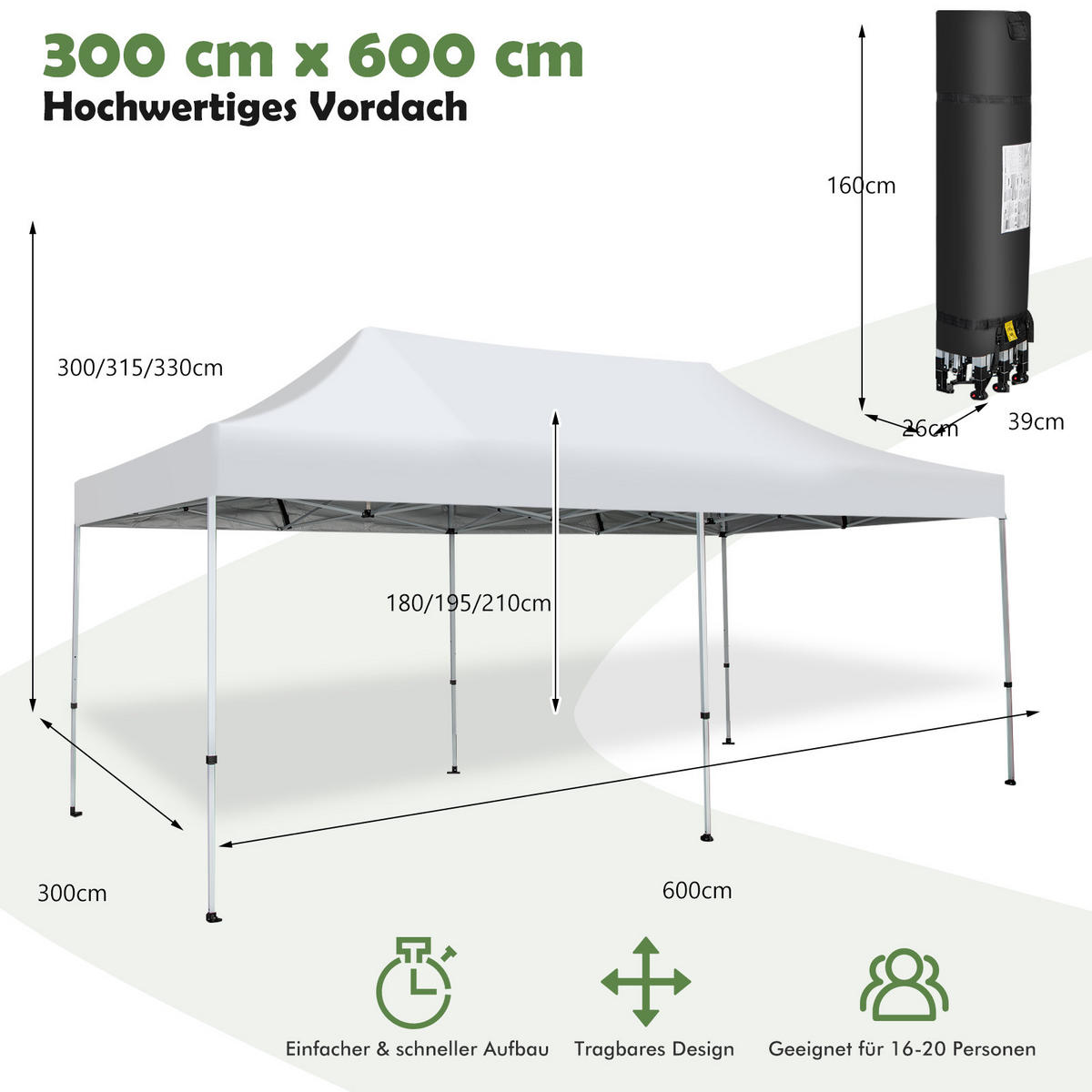 FALTPAVILLON 3x6m Weiß - Weiß, Kunststoff (300/330/600cm) - COSTWAY