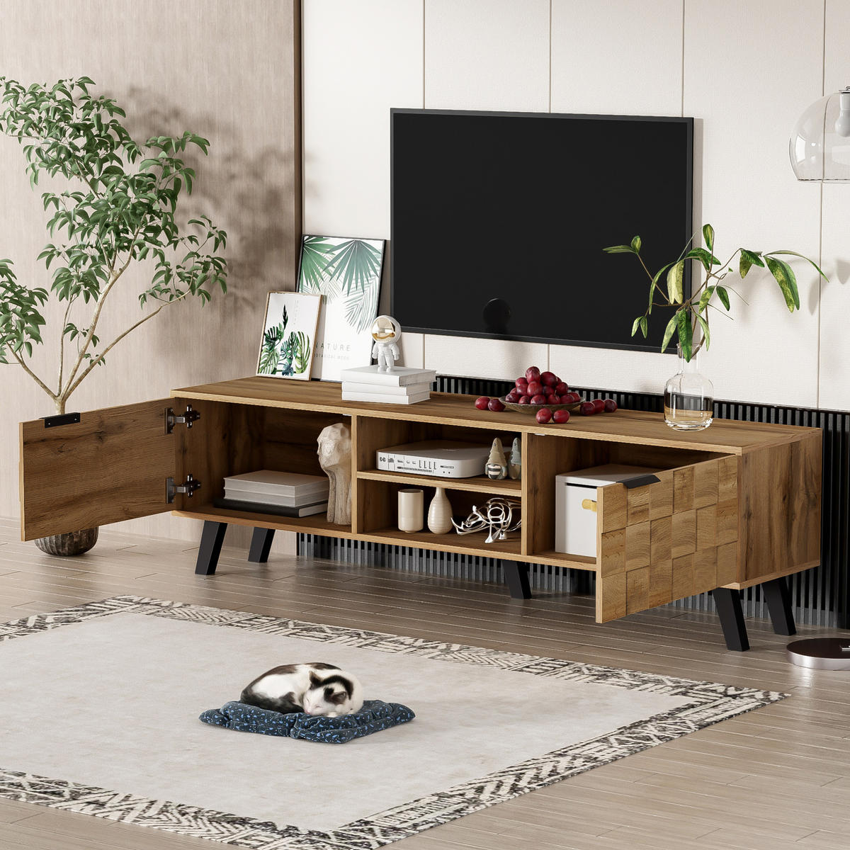 TV-LOWBOARD aus Spanplatte 160,5x35,5x45 cm Holzfarbe mit 2 Türen und offenen Fächern - Naturfarben, Holzwerkstoff (160.5/45/35.5cm) - IVMEU