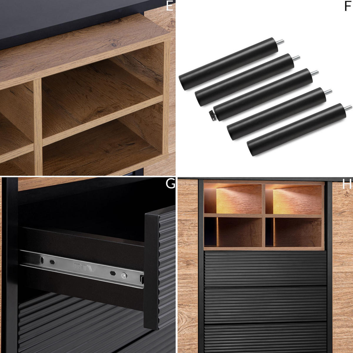 KOMMODE LOFTY Kreuzeinlage, schwarz / Eiche natur - Eichefarben/Multicolor, Holzwerkstoff (151/84/41cm) - KONSIMO®