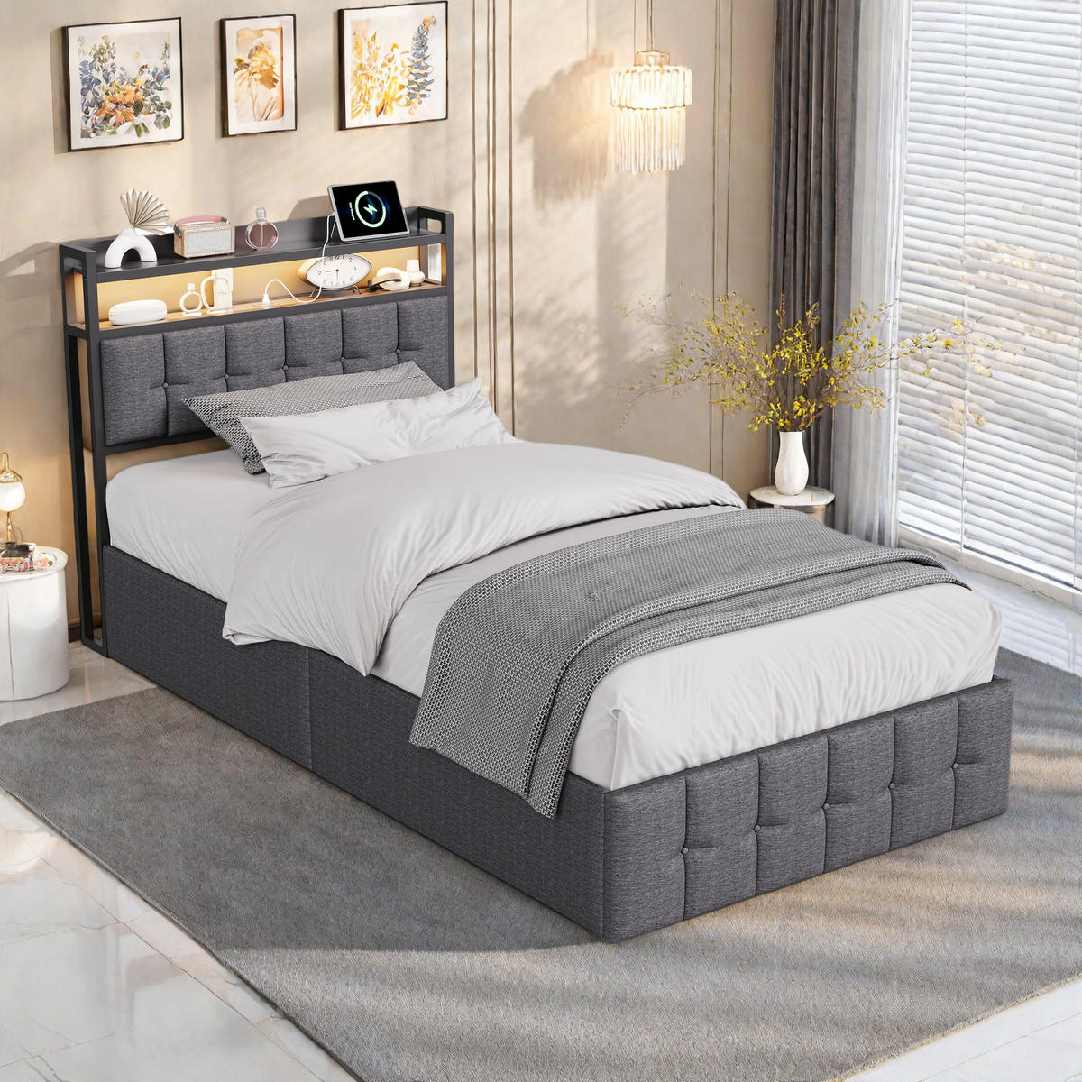 POLSTERBETT 90/200 cm Grau mit Bettkasten und LED-Beleuchtung - Grau, Holz (90/200cm) - SHOPENTRA