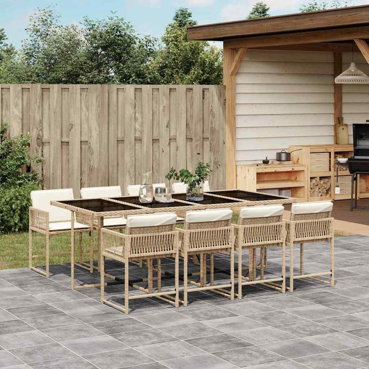GARTEN-ESSGRUPPE 9-TLG.Mit Kissen Beige Poly Rattan - Beige/Creme, Kunststoff - vidaXL