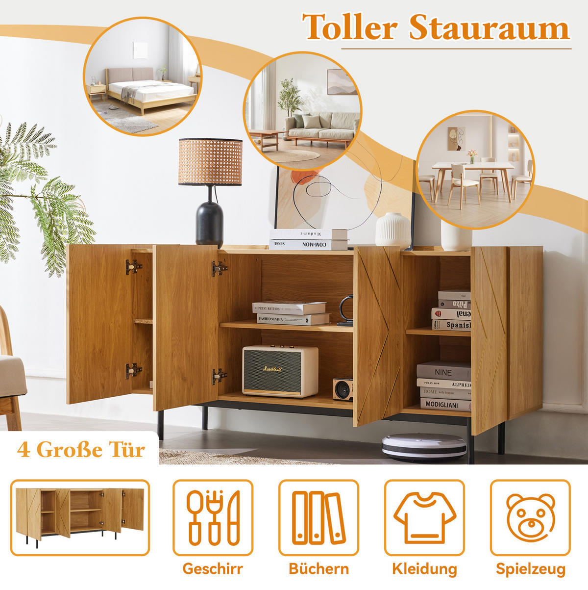 SIDEBOARD in Natur 160x40x78 cm mit 4 Türen und verstellbaren Einlegeböden - Naturfarben, Holzwerkstoff (40/78/160cm) - IVMEU