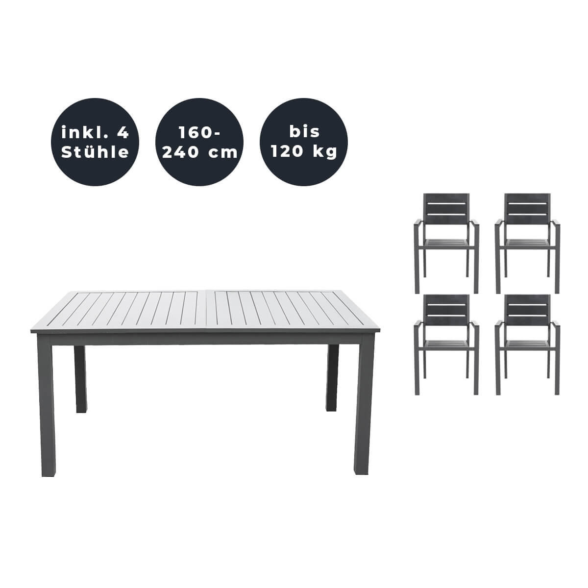 SITZGRUPPE CASA MADERA - 5 tlg. - Anthrazit/Hellgrau, Glas/Metall - Home Deluxe