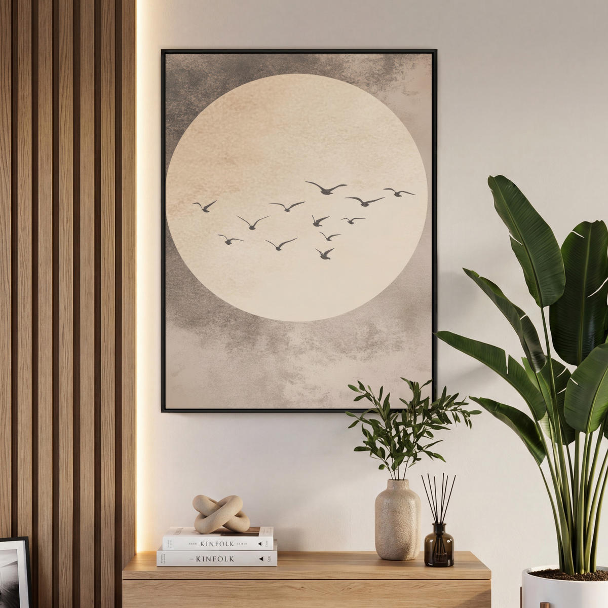 LEINWAND Bilder mit Rahmen - Vogel - Beige - Japanisch - 70x100 - Taupe, Textil (70/100cm) - MuchoWow