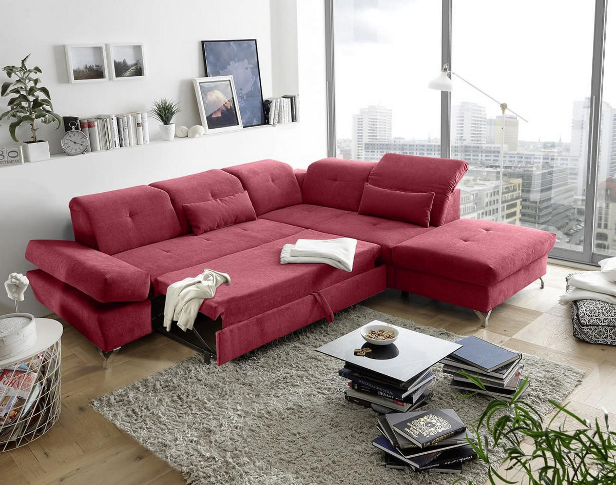 ECKSOFA mit Schlaffunktion und verstellbaren Kopflehnen - Chromfarben/Rot, Textil/Metall (245/275cm) - ed exciting design