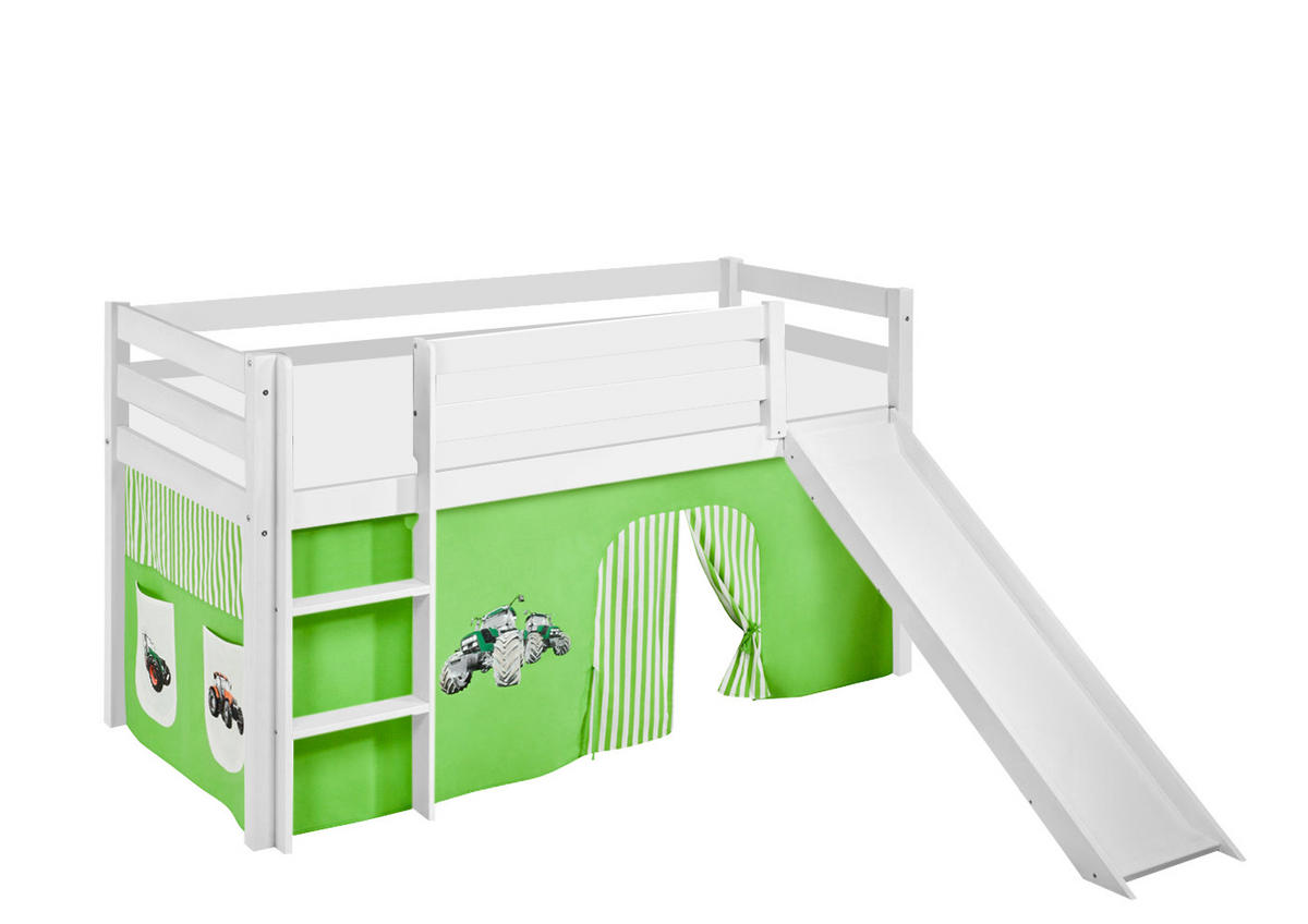 SPIELBETT JELLE Trecker Grün Beige - Hochbett - mit Rutsche und Vorhang - Weiß, Holz - Lilokids
