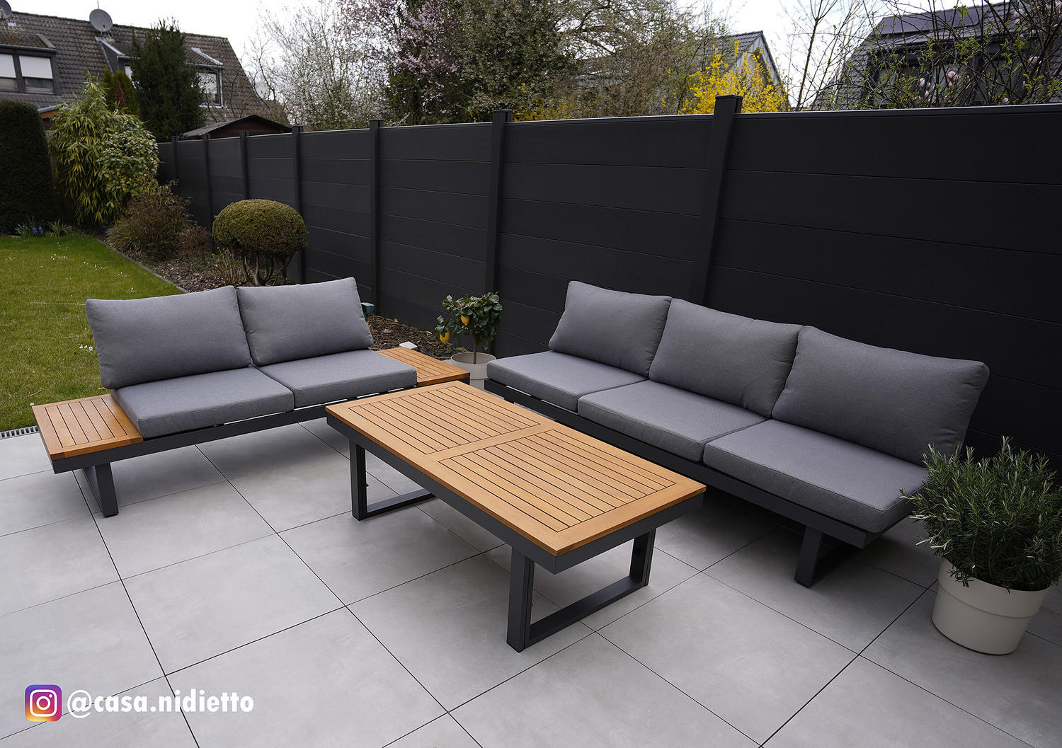 LOUNGESET - Webstoff / Akazie / Aluminium - 3-teilig - Höhenverstellbar - Braun/Grau, Holz/Textil - home24