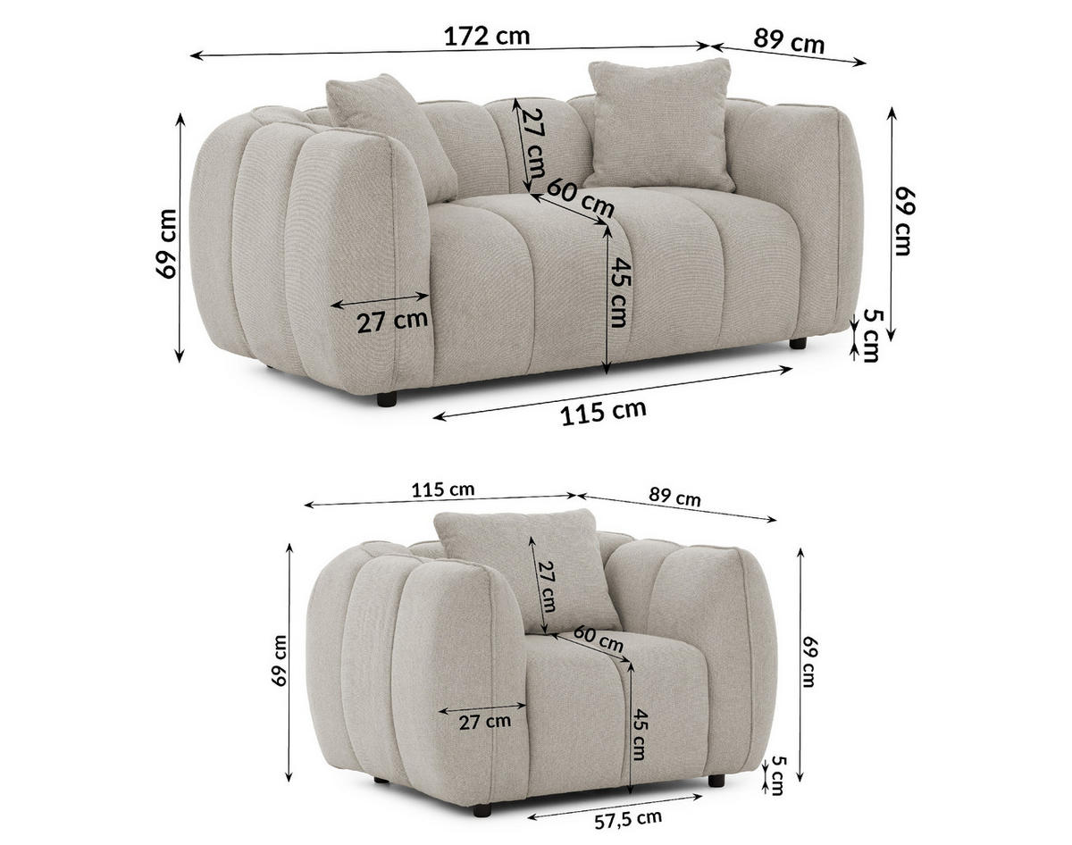 SITZGARNITUR 2+1 Nubira in tief gesteppter Bubble-Optik aus weichem Taupe Strukturstoff im modernen Design - Taupe/Schwarz, Holz/Kunststoff (172/69/89cm) - S-Style Möbel