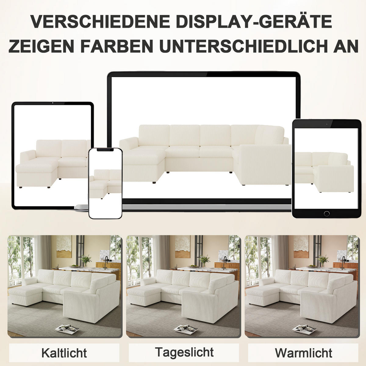 SOFA Beige L-Form Cord Ecksofa Hocker Schaumstoff 282cm - Beige, Textil (40/82/160cm) - FLIEKS