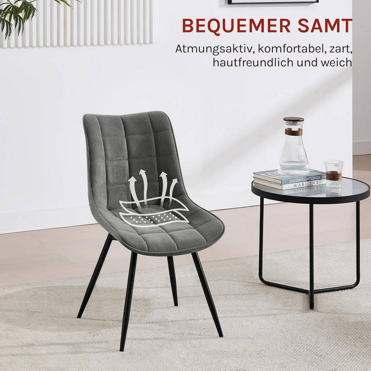 ESSZIMMERSTUHL 2er Set, aus Samt, Dunkelgrau - Dunkelgrau/Schwarz, Textil/Metall (46/83.5/60.5cm) - Woltu