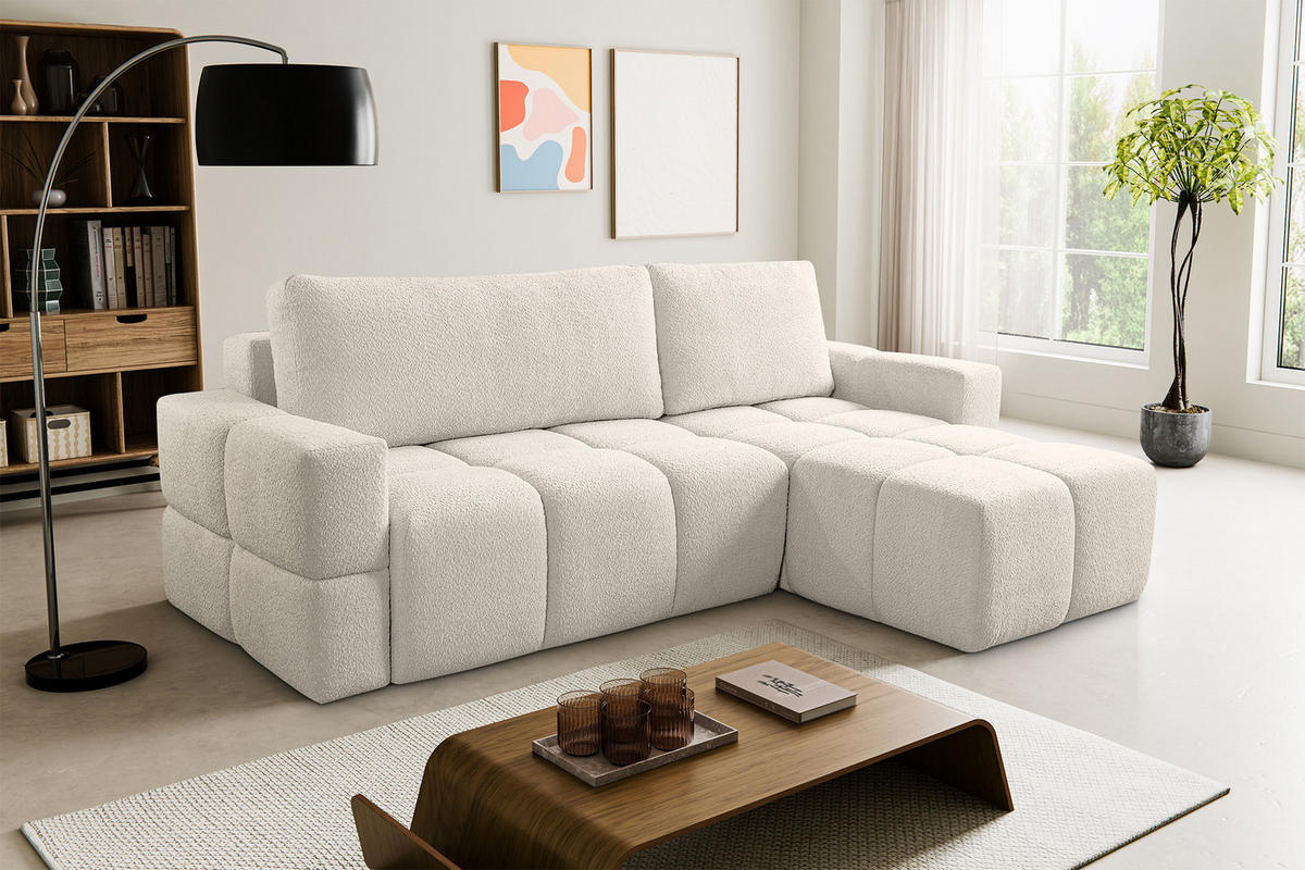 ECKSOFA LUSSO mit Schlaffunktion und Bettkasten, Farbe: Beige, Bouclé-Stoff, Ottomane Universal - Beige, Textil (255/165cm)