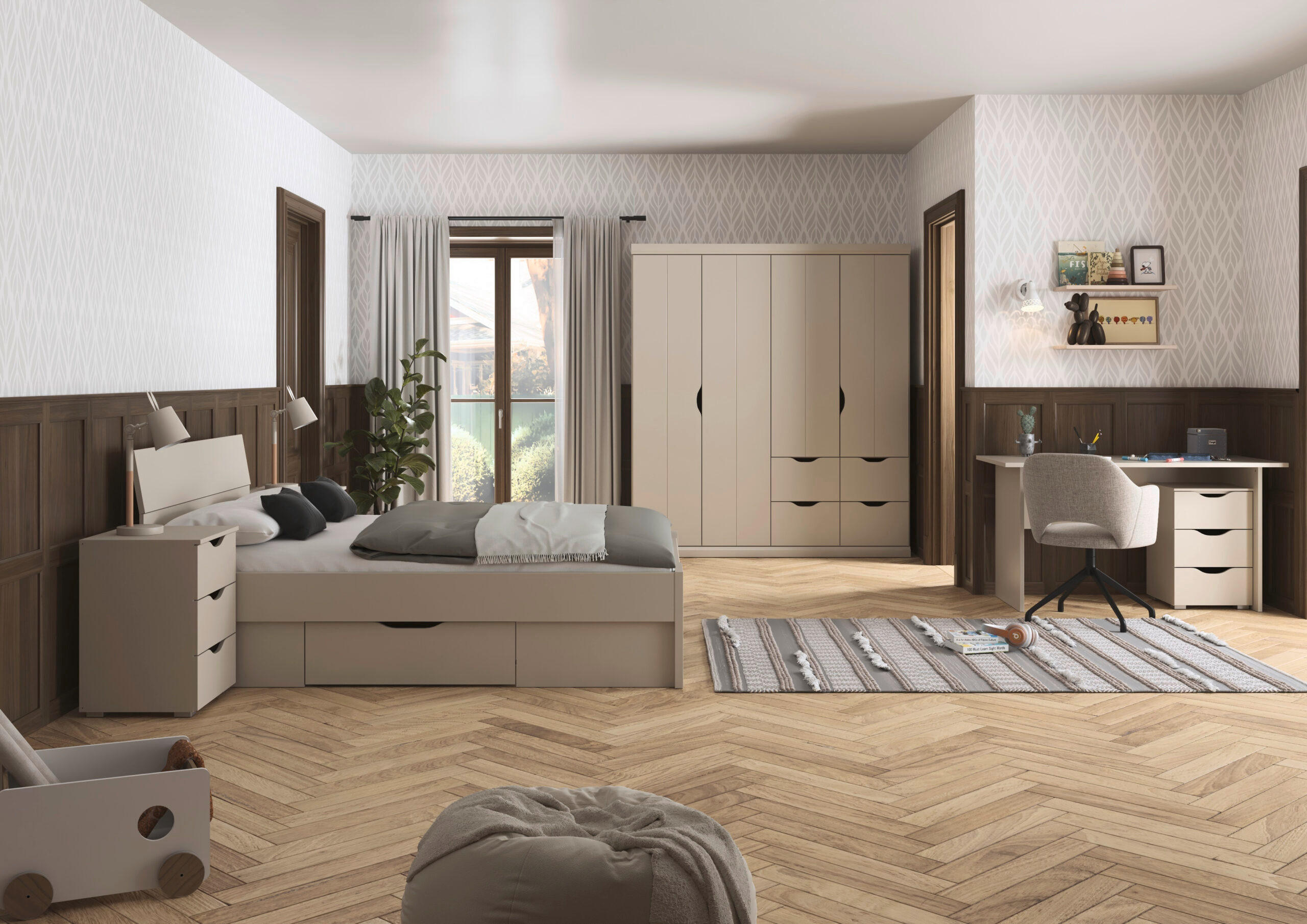 JUGENDZIMMER Frieda in Beige 5-teilig mit 4 türigem Kleiderschrank mit Schubkästen, 140er Jugendbett, Nachttisch, Schreibtisch mit Container - Beige, Holzwerkstoff (80/200/120cm)