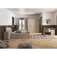 JUGENDZIMMER Frieda in Beige 5-teilig mit 4 türigem Kleiderschrank mit Schubkästen, 140er Jugendbett, Nachttisch, Schreibtisch mit Container - Beige, Holzwerkstoff (80/200/120cm)