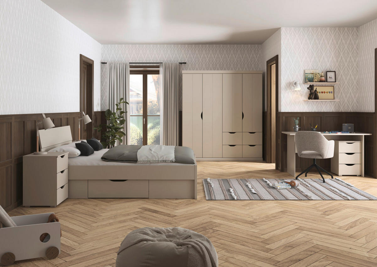 JUGENDZIMMER Frieda in Beige 5-teilig mit 4 türigem Kleiderschrank mit Schubkästen, 140er Jugendbett, Nachttisch, Schreibtisch mit Container - Beige, Holzwerkstoff (80/200/120cm)