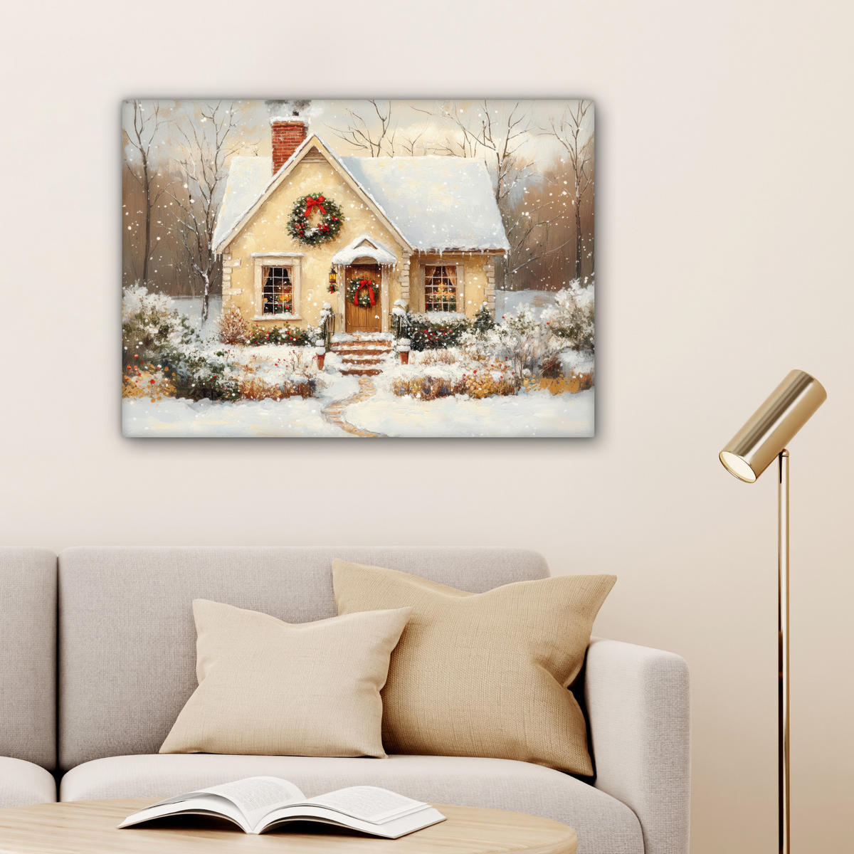 LEINWANDBILD Weihnachten - Zuhause - Winter - Schnee Wandbilder 80x60 cm - Creme, Textil (80/60cm) - MuchoWow