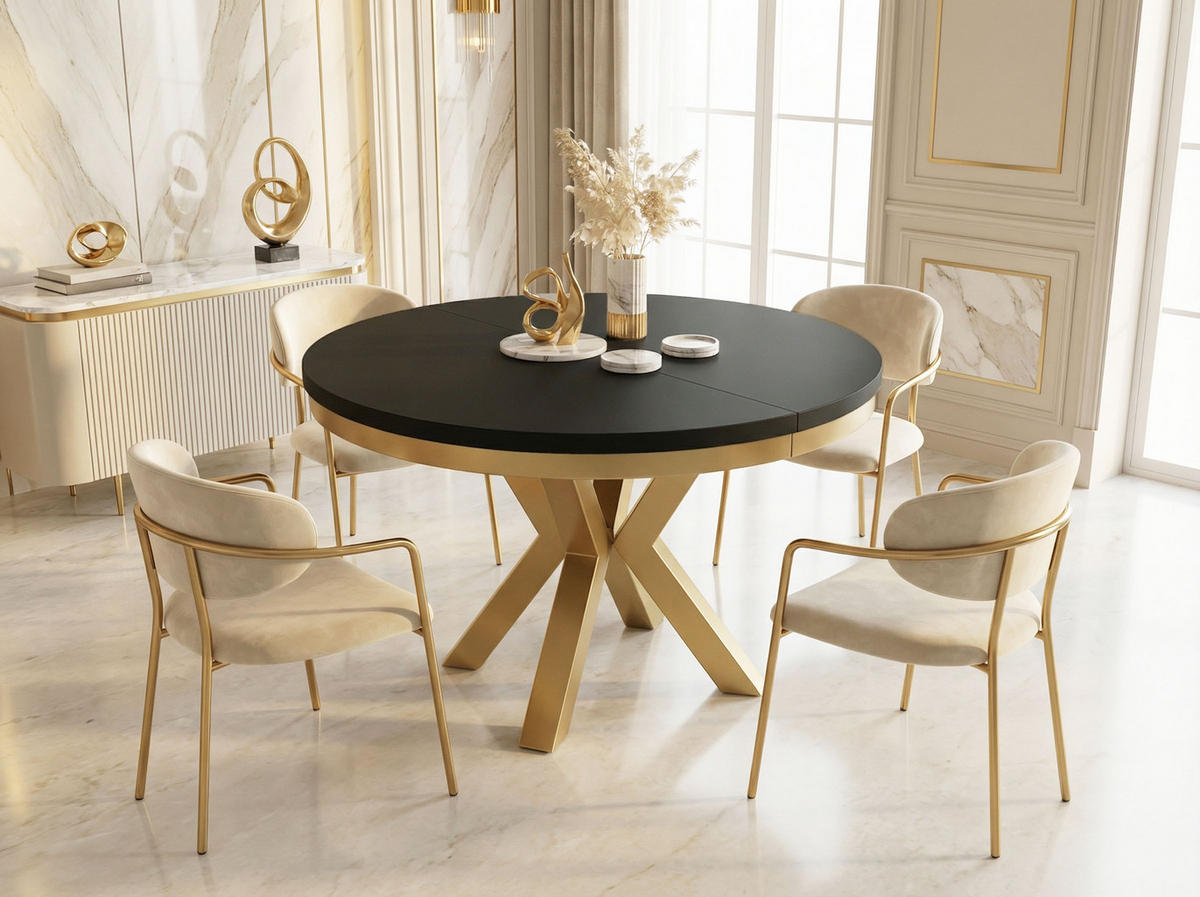 ESSTISCH Clara Gold runder ausziehbarer, Schwarz 100-180/100/76 cm - Goldfarben/Schwarz, Holzwerkstoff/Metall (100/100/76cm) - WFL GROUP