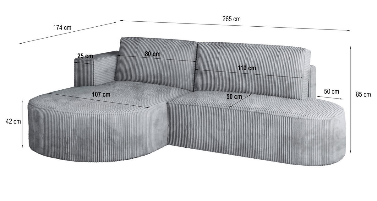 ECKSOFA CORTIO P R-S Creme Kordstoff mit Schlaffunktion - Creme, Holz (265/174cm) - MASSENO