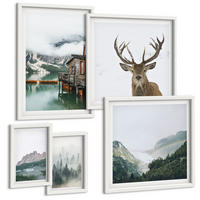 BILDER SET 5er Set - 50x50 cm & 20x30 cm & 40x60 cm Weißer Rahmen - Berge, See, Hirsche, Hütte, Nebel - Weiß, Kunststoff (40/60cm) - TULUP