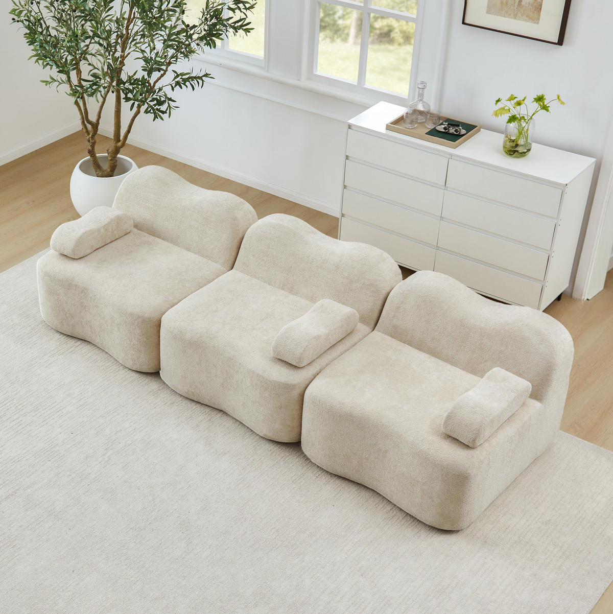 MODULÁRNÍ pohovka ze sametu béžová 288x98x70 cm bezrámová s hlubokým sedem a pohyblivým područkovým polštářem - béžová, textil (288/70/98cm) - Modfu