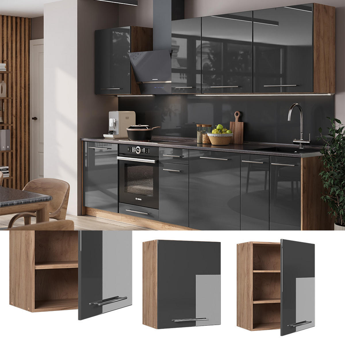 HÄNGESCHRANK Fame-Line, Anthrazit Hochglanz, 60 cm - Eichefarben/Anthrazit, Holzwerkstoff (60/72/34.1cm) - Vicco