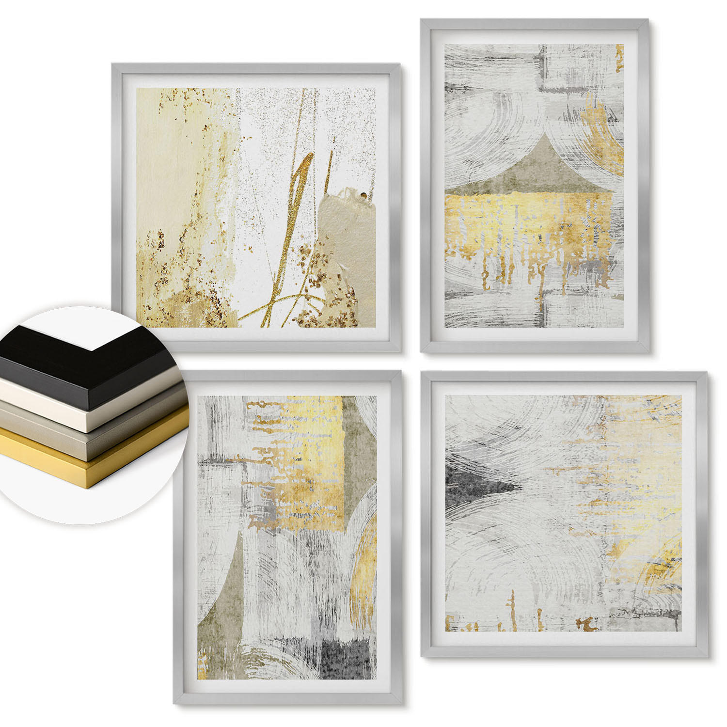 WANDBILDER 4er Set - 50x50 cm & 40x60 cm Silberner Rahmen - Abstrakte minimalistische Muster - Silberfarben, Kunststoff (50/50cm) - ArtPrintCave