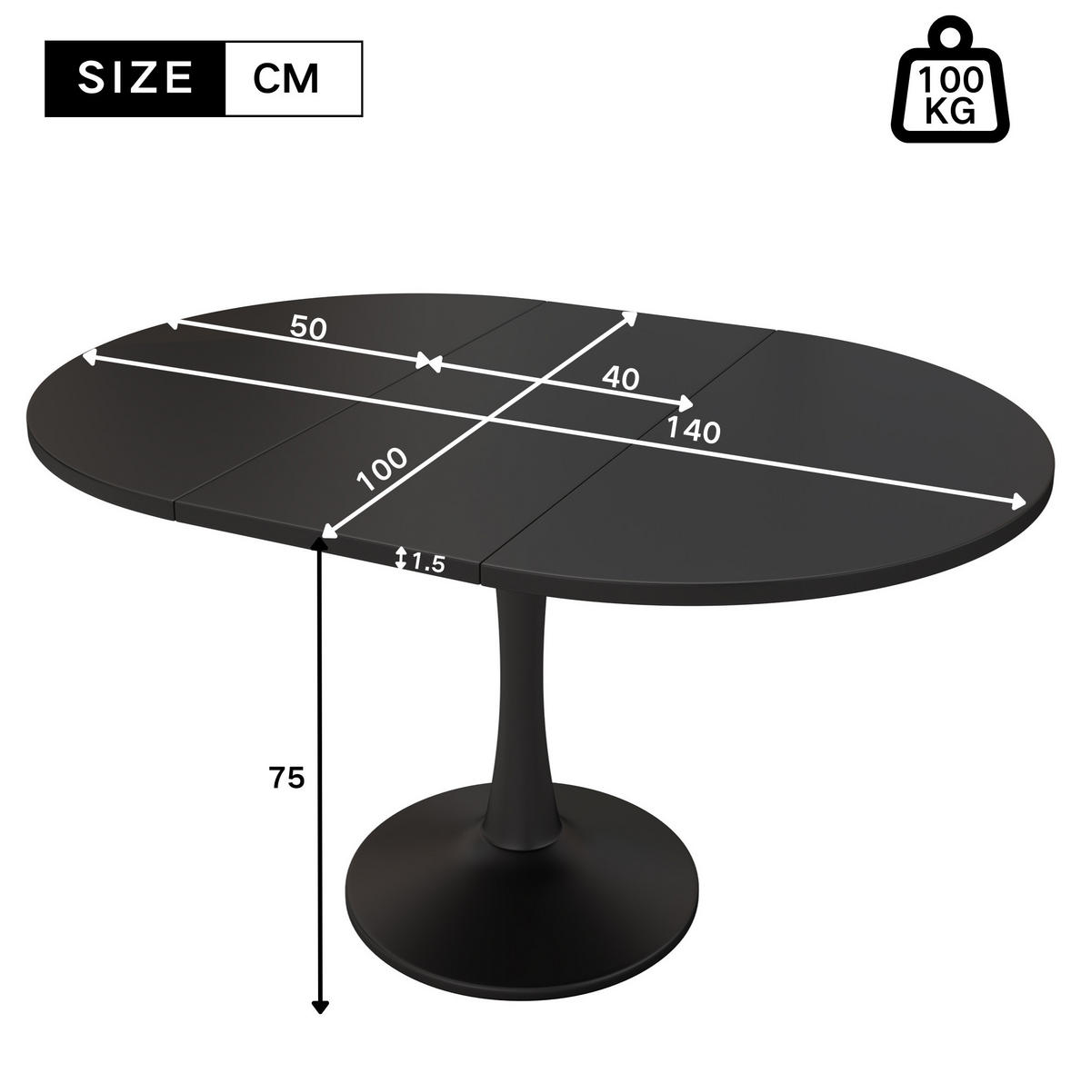 AUSZIEHTISCH oval 100/100/75 cm, ausziehbar auf 140 cm, Schwarz - Schwarz, Holzwerkstoff (100/140/75cm) - BEAOK