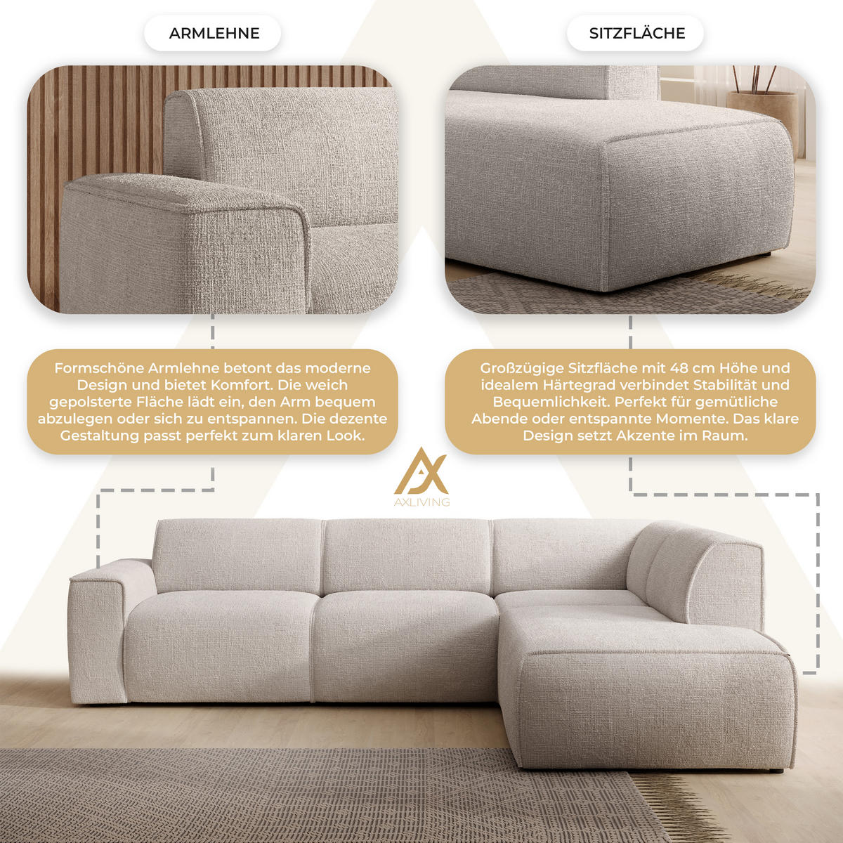 ECKSOFA L Form Didim Creme 292/220/78 cm – großes Sofa stilvoll & bequem R - Creme/Schwarz, Kunststoff/Textil (292/220cm) - AX Living
