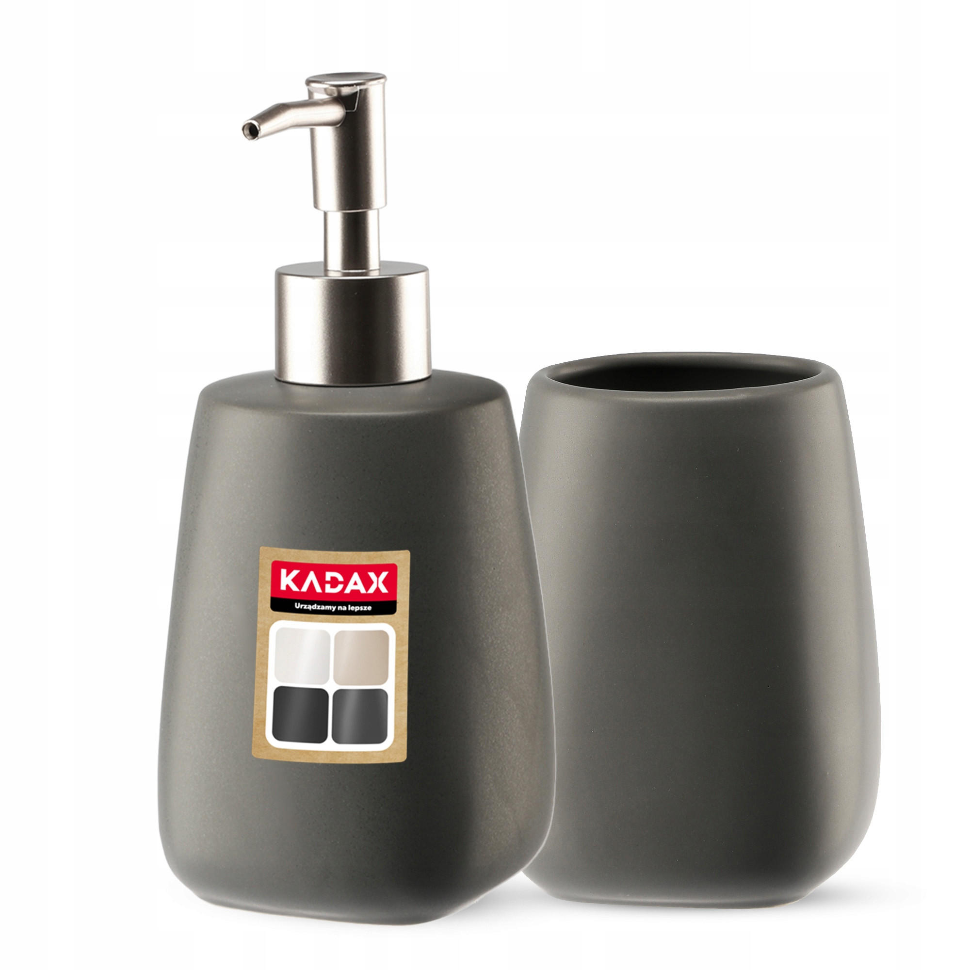 BADEZIMMERSET SEIFENSPENDER + Badezimmerbecher-Set, grau - Grau, Keramik (8/11cm) - KADAX