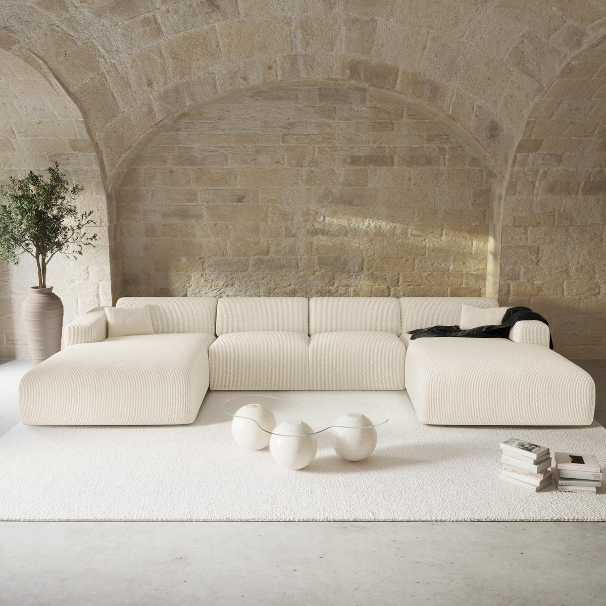WOHNLANDSCHAFT Gerippter Samt Creme 366cm - Creme, Textil (366/73/165cm) - Sia Home