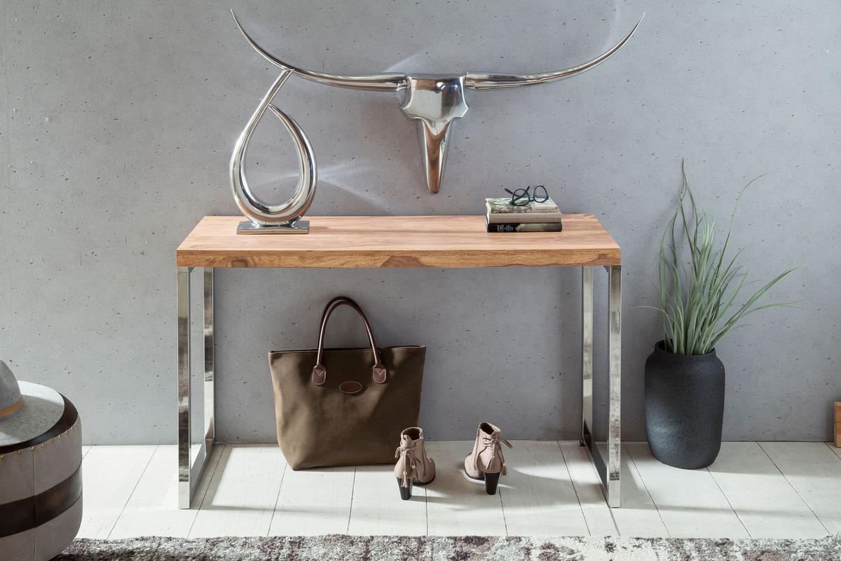 KONSOLENTISCH Massivholz Chromgestell Handgefertigt ISEN, Beige 120x45x77 cm - Beige/Silberfarben, Holz/Metall (45/120/77cm) - KADIMA DESIGN