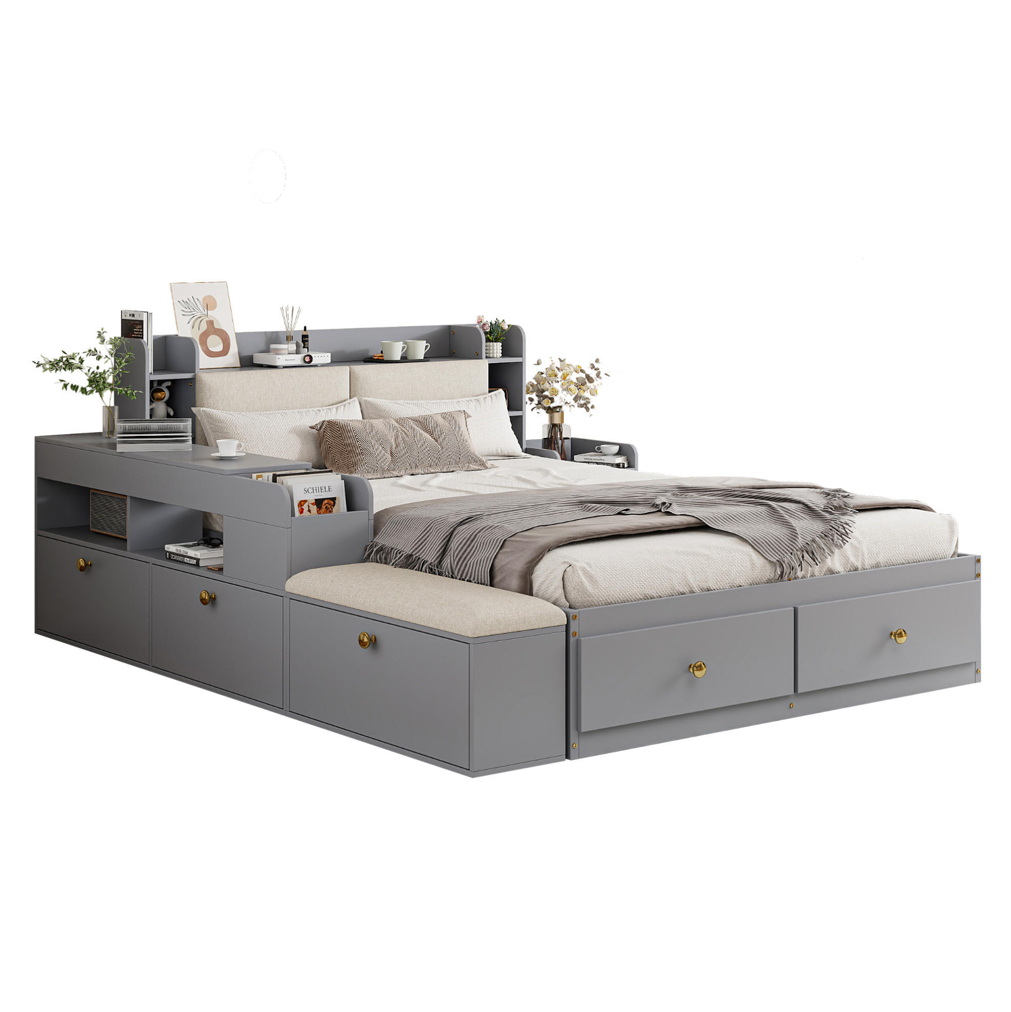 BETT mit Kopfteil 140/200 cm in Grau – mit Stauraum, Sideboard und inkl. Lattenrost - Grau, Holz (140/200cm) - BEAOK